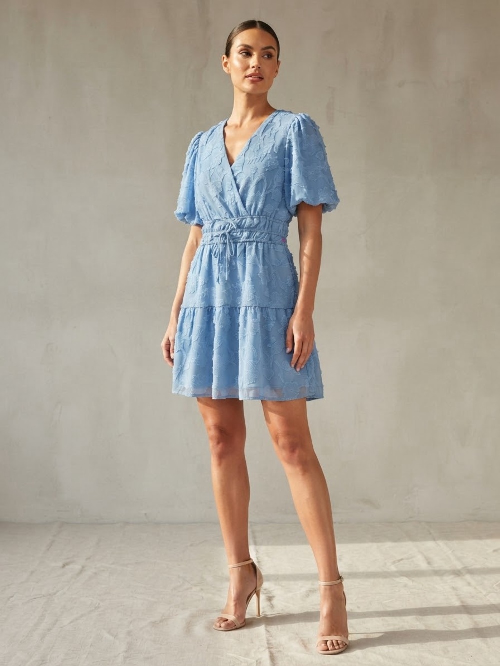 Joie Powder Blue V-Neck Textured Tiered Mini Dress